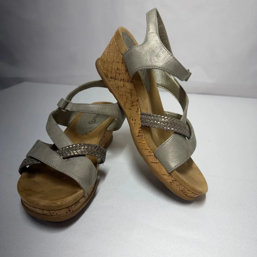Baretraps Farah Womens 7.5M Champagne Metallic Cork‎ Wedge Braided Sandals BTS23